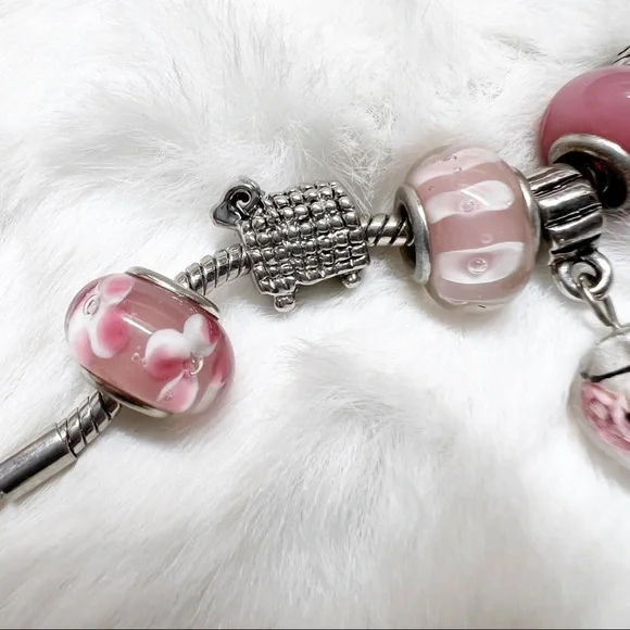 Silver & Pink Glass Bead Charm Bracelet 7-8” - Picture 9 of 10